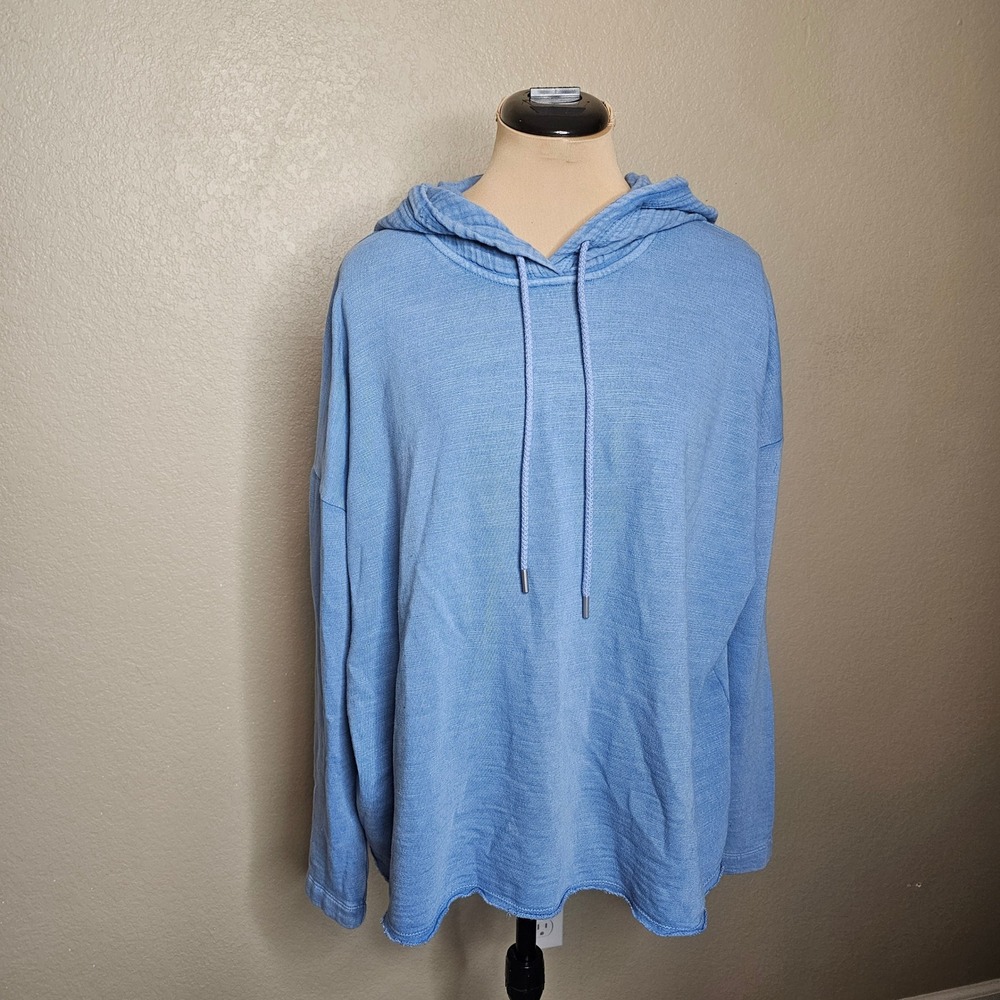 NWT J. Jill Womens Blue Slub‎ Knit Gauze Hooded Sweatshirt Raw Hem Large